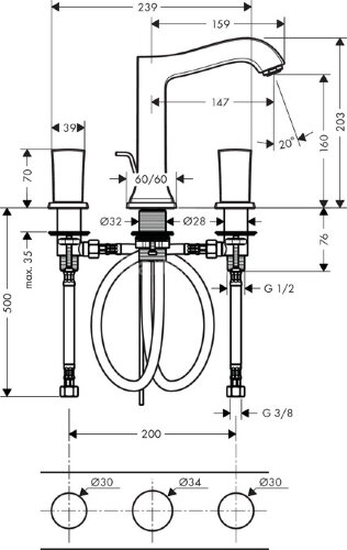 31305090 Metropol Classic Смеситель для раковины на 3 отверстия, ручки Zero, со сливным гарнитуром, 