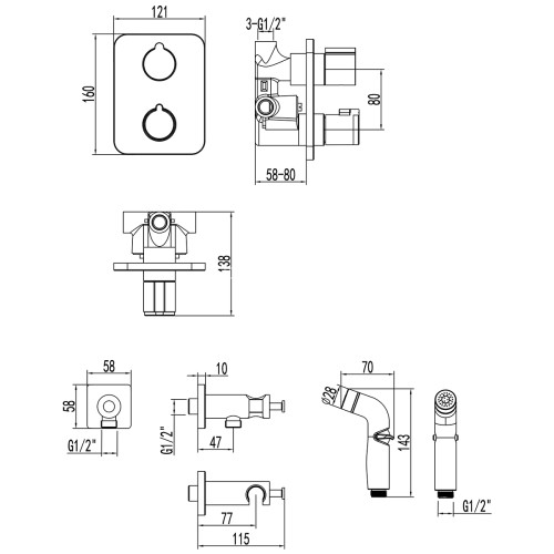 Смеситель Lemark Bronx LM3740BL с гигиеническим душем термостатический, встраиваемый