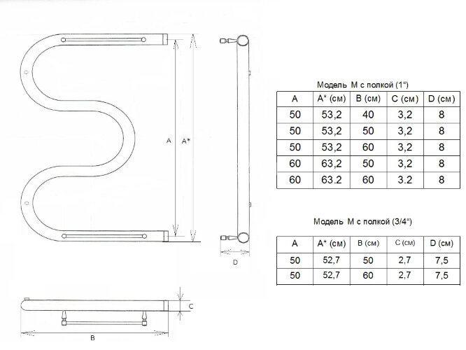 Полотенцесушитель водяной ДВИН M М-образный 60/60 c полкой, полированный (4627085940791)
