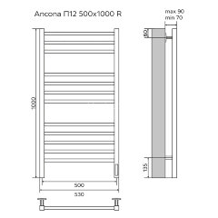Полотенцесушитель электрический AZARIO ANCONA 500/1000 квадрат, 12 секций, диммер справа, белый (AZ7