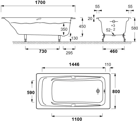 Ванна чугунная Jacob Delafon REPOS 170х80 без антискользящего покрытия, без отверстий для ручек (E29