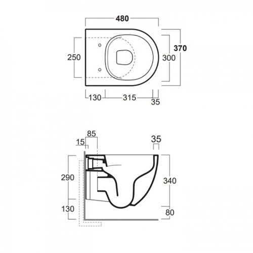 Унитаз подвесной Simas Vignoni 370х480х340 безободковый, с креплением F85, укороченный XS, белый (VI