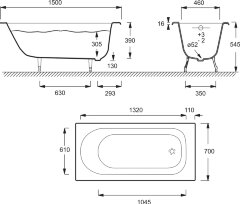 Ванна чугунная Jacob Delafon SOISSONS 150x70 без антискользящего покрытия, без отверстий для ручек, 
