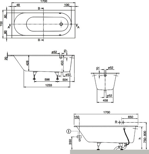 Ванна квариловая Villeroy&Boch OBERON 170х70 с ножками, Альпийский белый