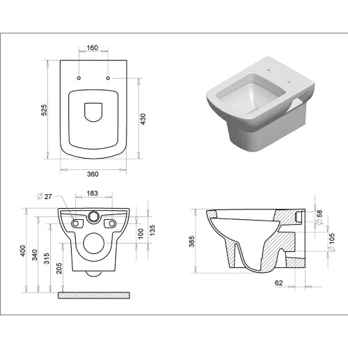 Унитаз подвесной Turavit PLAZA 352х524х345 в комплекте с тонким сиденьем микролифт (PLZ 1710+0419)