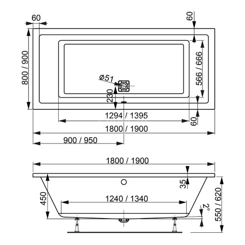 Ванна акриловая VAGNERPLAST CAVALLO прямоугольная 180х80 см, белая (VPBA180CAV2X-04)