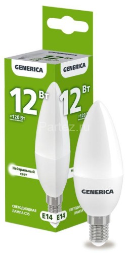 Лампа светодиодная C35 12Вт свеча 4000К E14 230В GENERICA LL-C35-12-230-40-E14-G