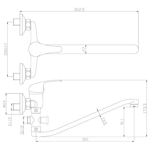 Смеситель Rossinka Y35-35 для ванны универсальный с S-образным изливом