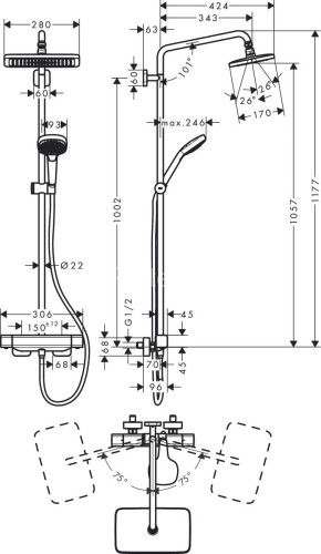 Hansgrohe 27660000 Croma E 280 1jet Душевая система Showerpipe с термостатом для душа, EcoSmart, хро