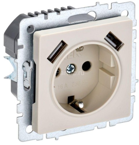Розетка BRITE РЮш10-2-БрКр 16А с USB A+A 3.1А с заземл. защ. шторки беж. IEK BR-R14-16-U21-D31-K10