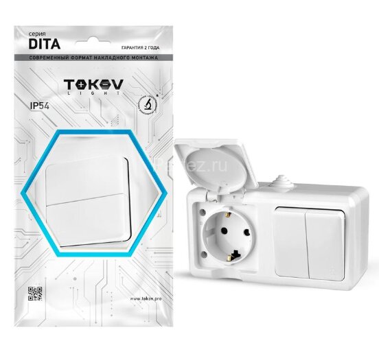 Блок ОП Dita (розетка 16А 250В с заземл. 2-кл. выкл. 10А) IP54 бел. TOKOV ELECTRIC TKL-DT-V2RZ-C01-I