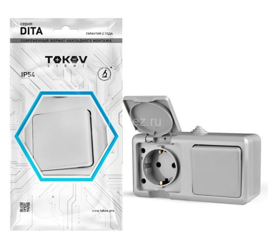 Блок ОП Dita (розетка 16А 250В с заземл. + 1-кл. выкл. 10А) IP54 сер. TOKOV ELECTRIC TKL-DT-V1RZ-C06