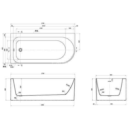Ванна акриловая Azario LUTON 1700x800x580 пристенная, в комплекте с сифоном и металлической рамой, л