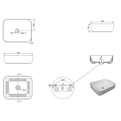Раковина-чаша Creo Ceramique 500х400х140 накладная, прямоугольная, керамика, белый матовый (PU4200MR