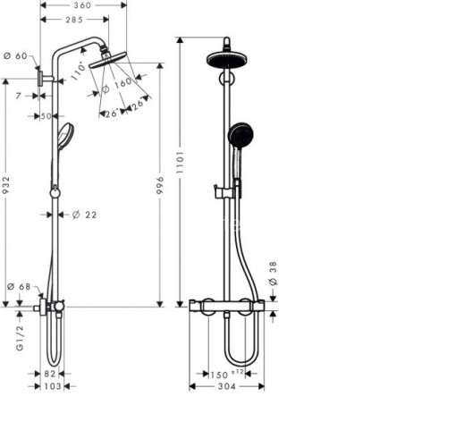 27135000 Croma 160 Showerpipe, держатель 270 мм, ½’