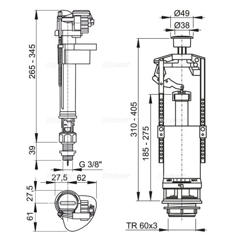 Выпускной комплект Alcaplast, со стоп кнопкой, впускной механизм А16, подключение 3/8'', кнопка хром