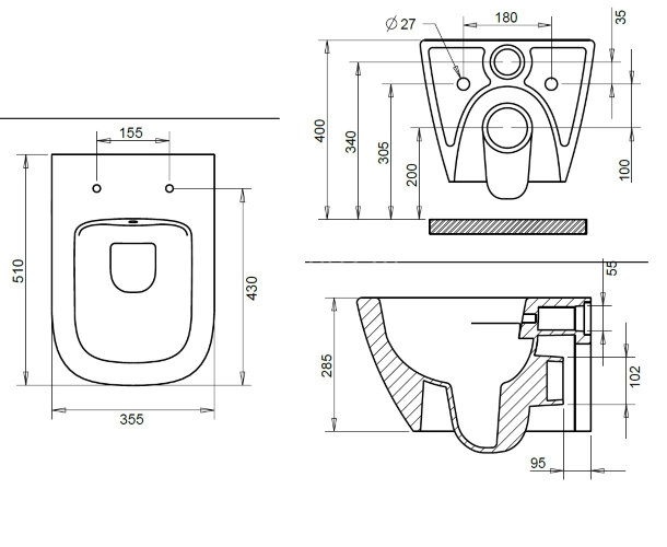 Унитаз подвесной Turavit LUNA 355х510х285 в комплекте с тонким, быстросъемным сиденьем микролифт (LN